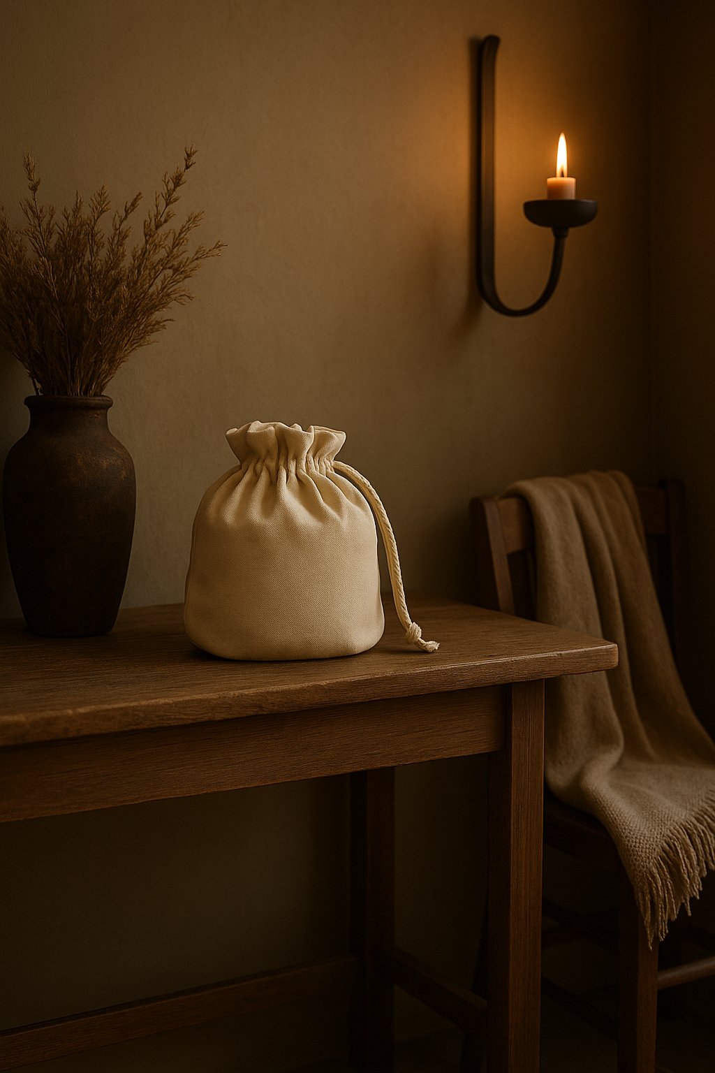 Olé & Co Landelijke sfeerfoto van de tabernazak in de kleur neutraal op een oude houten tafel met vaan met droogboeket