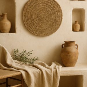 Olé & Co Esparto rond muurkleed aan mediterrane muur met nis en tinaja, linnen kleed en olijftak op stenen bank en tinaja