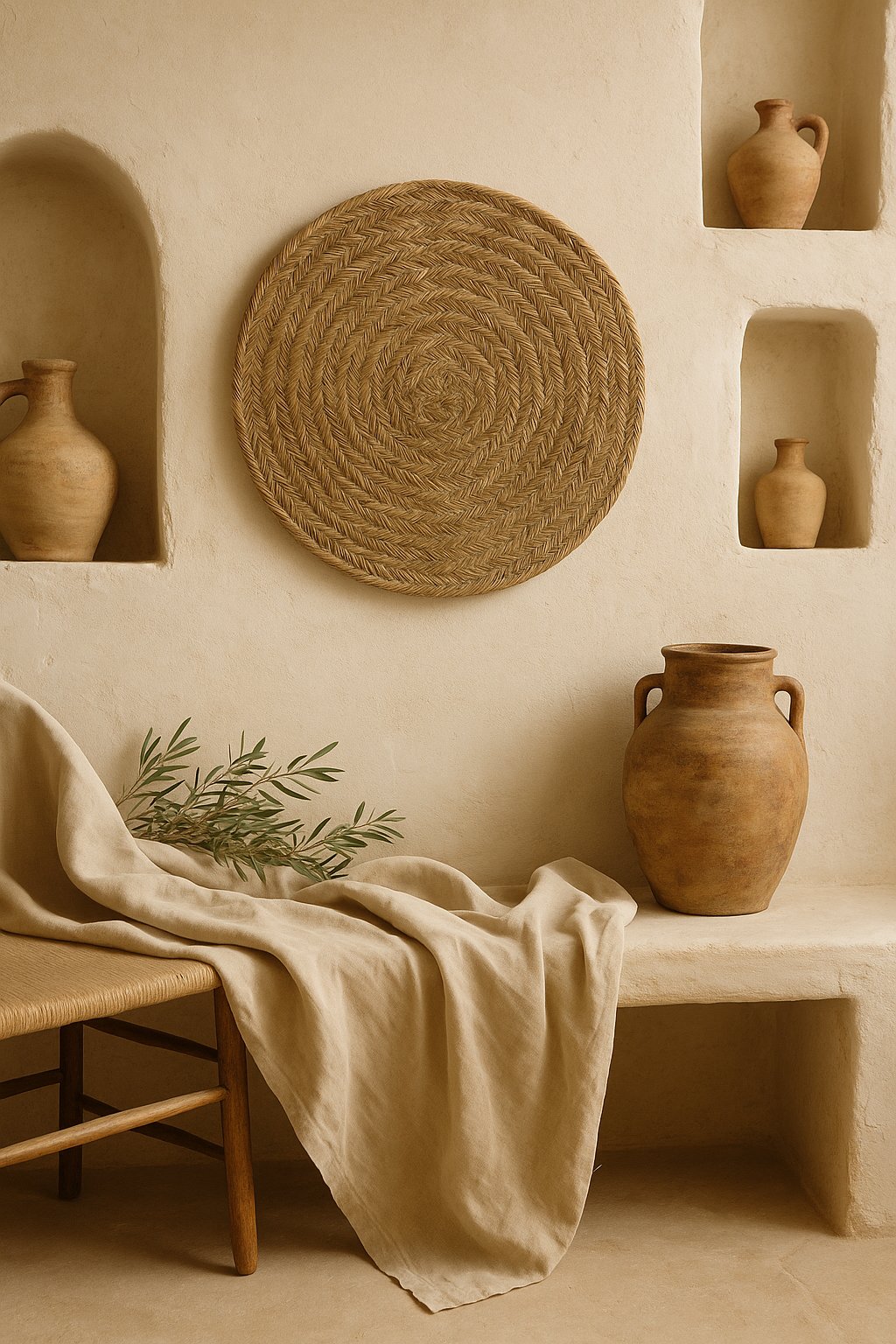 Olé & Co Esparto rond muurkleed aan mediterrane muur met nis en tinaja, linnen kleed en olijftak op stenen bank en tinaja