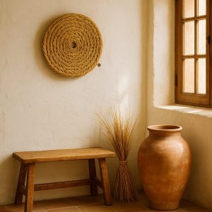 Olé & Co Capacho aan witte muur met bankje eronder en een tinaja en bosje esparto in de hoek naast bankje, raam met avondlicht