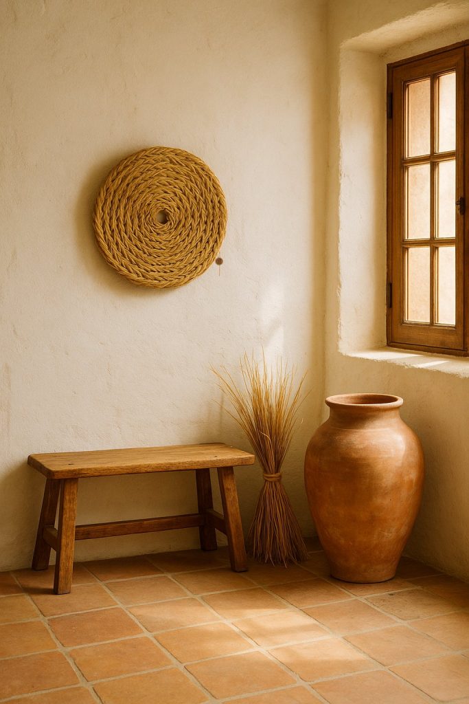 Capacho aan witte muur met bankje eronder en een tinaja en bosje esparto in de hoek naast bankje, raam met avondlicht
