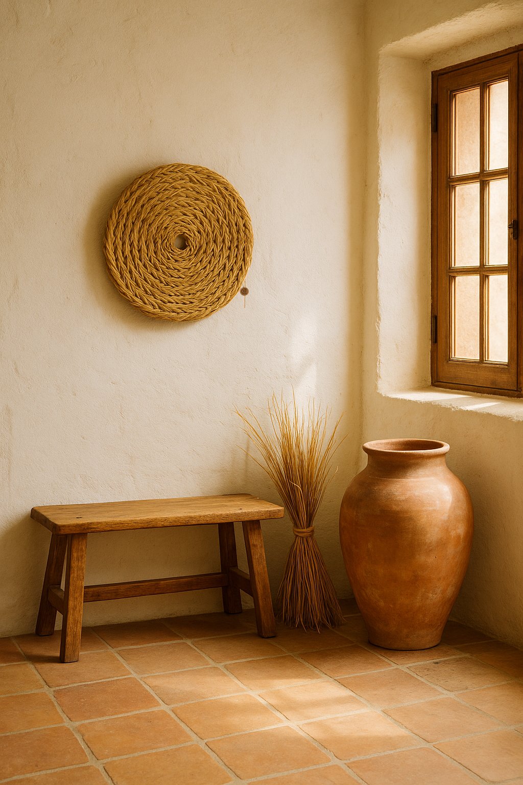 Olé & Co Capacho aan witte muur met bankje eronder en een tinaja en bosje esparto in de hoek naast bankje, raam met avondlicht