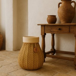 Olé & Co Spaanse sfeerfoto van espartomand op de grond, sidetable met tinajas