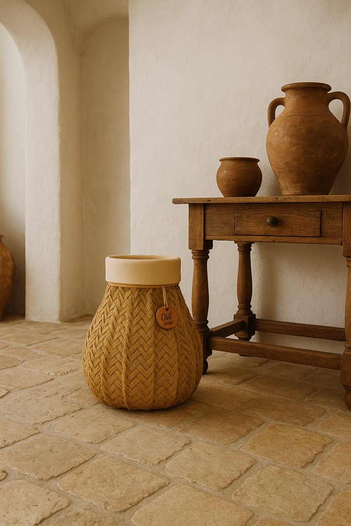 Olé & Co Spaanse sfeerfoto van espartomand op de grond, sidetable met tinajas