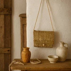 Olé & Co. esparto tasje met houten tafel en aardewerk setting als ai sfeerfoto