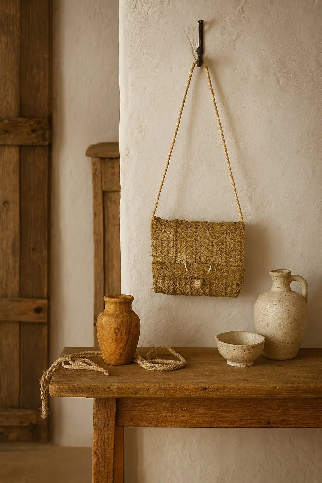 Olé & Co. esparto tasje met houten tafel en aardewerk setting als ai sfeerfoto