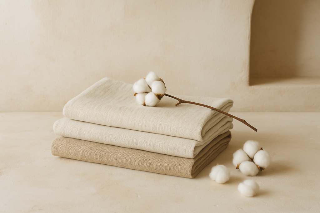 Opgevouwen katoenen stoffen met gedroogd katoenplantje erop – puur natuurtextiel