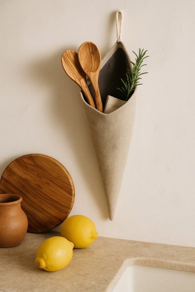 Linnen puntzak aan wand keuken met citroenen en olijfbord op het aanrecht