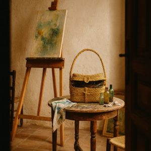 Olé & Co Schildersatelier met espartomand afgevuld met kwasten, op achtergrond een schildersezel met schilderij