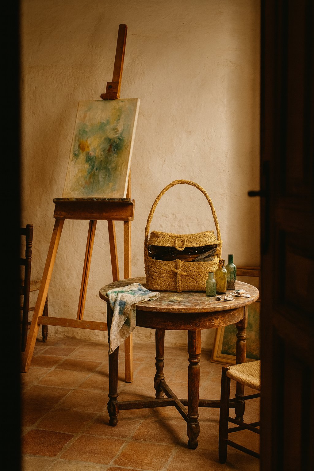 Olé & Co Schildersatelier met espartomand afgevuld met kwasten, op achtergrond een schildersezel met schilderij