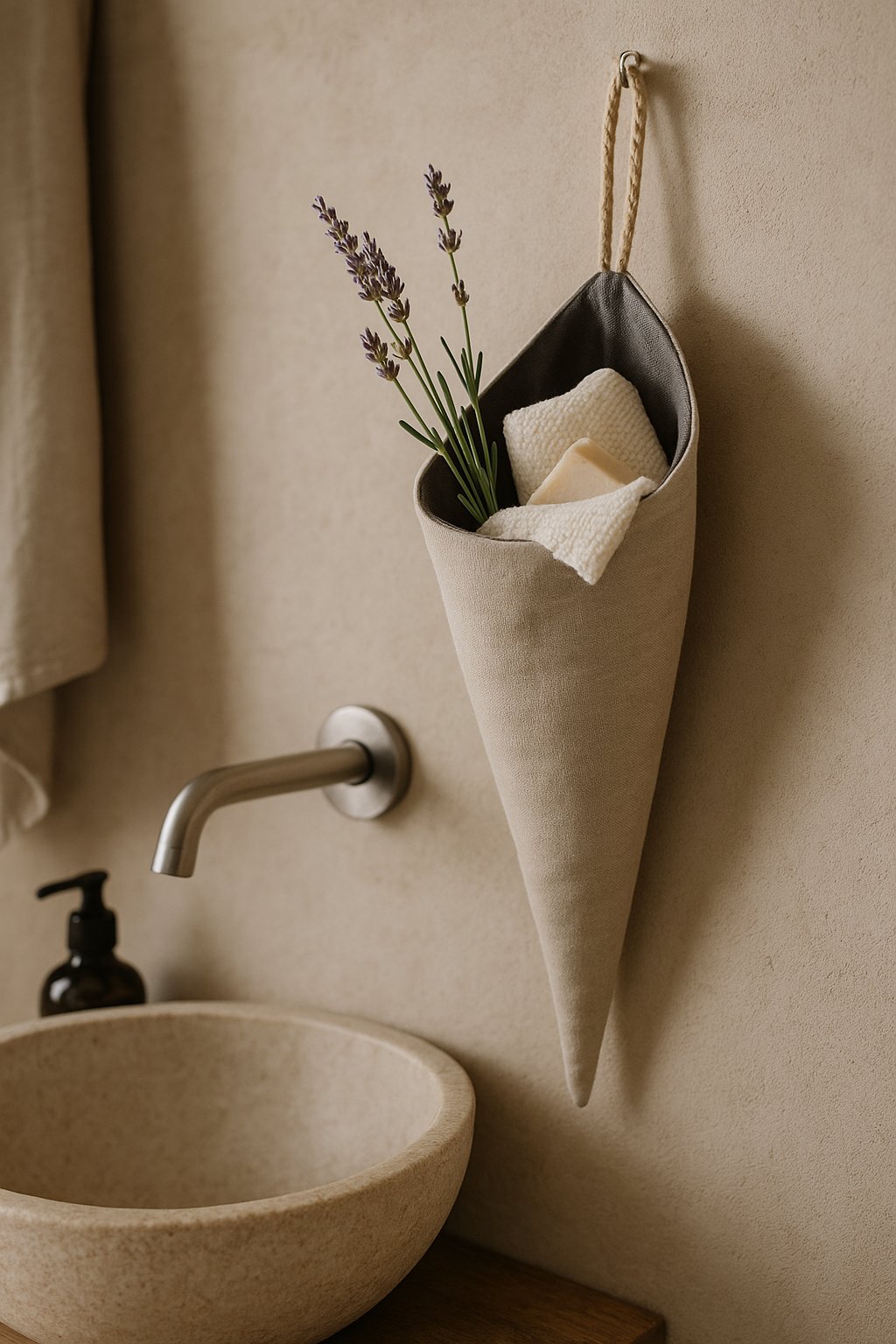 Olé & Co Linnen puntzak met gastendoekje en lavendeltakjes aan de muur van een badkamer. Waskom met kraan.