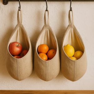 Olé & Co 3 linnen zakjes aan de keukemuur aan haakje en afgevuld met fruit. Linnen organizer