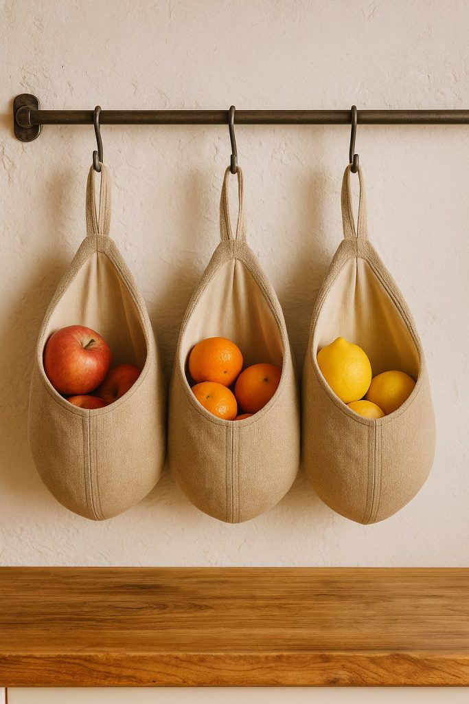 3 linnen zakjes aan de keukemuur aan haakje en afgevuld met fruit