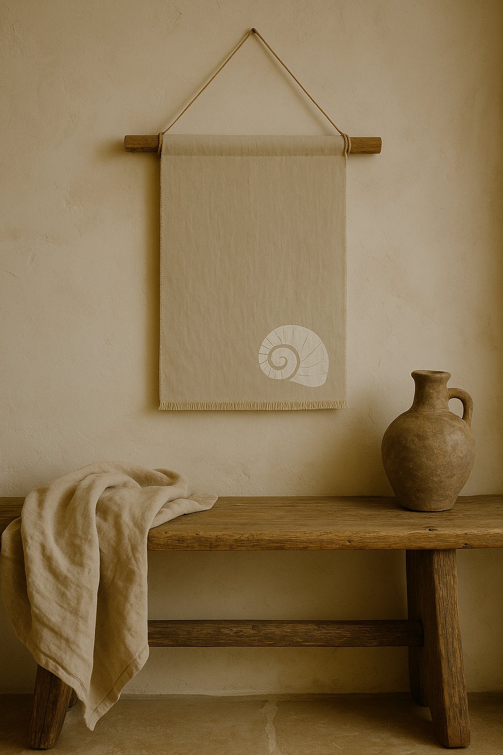Olé & Co Linnen wandkleed aan de muur met afbeelding van schelp, eronder een bankje met linnen doek en tinaja