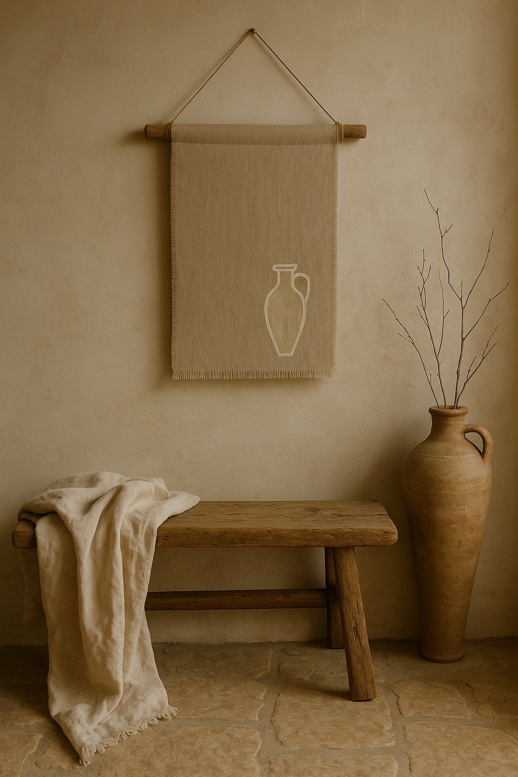 Olé & Co Naturel kleur wandkleed met afbeelding van een tinaja. Houten oude bakje met een linnen lap en tinaja