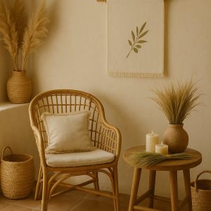 Olé & Co Setting van een rietenstoel met kussen, linnen wandkleed met afbeedling van olijftak. Klein tafeltje met klein bosje esparto on vaas op de ronde tafel