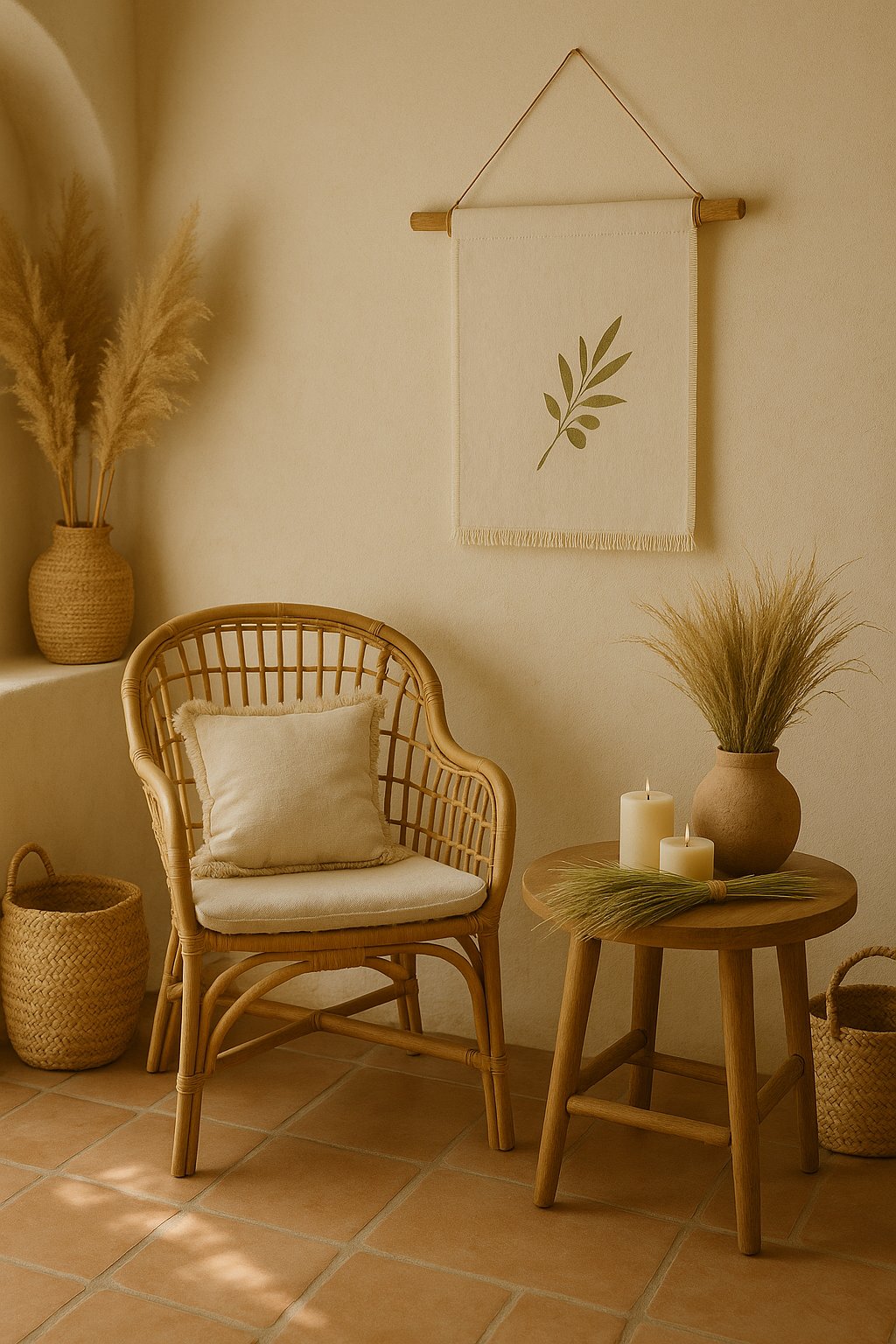 Olé & Co Setting van een rietenstoel met kussen, linnen wandkleed met afbeedling van olijftak. Klein tafeltje met klein bosje esparto on vaas op de ronde tafel