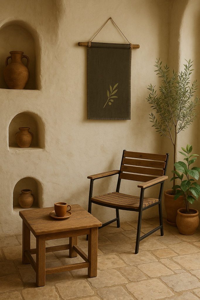 Sfeerfoto van mediterrane setting met houten stoel, tafeltje met kopje koffie, witte oude spaanse muur met niskes en tinajaha, aande muur een wadnkleed van linnen met olijftak