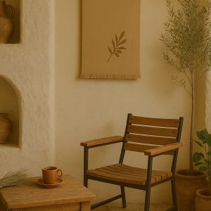 Olé & Co Mediterrane sfeer setting met houten stoel en tafel met kopje koffie. Aan d muur een sand kleur wandkleed met afbeedling erop van olijftak in de hoek een Klein olijfboompje, nis in de muur met tinajas