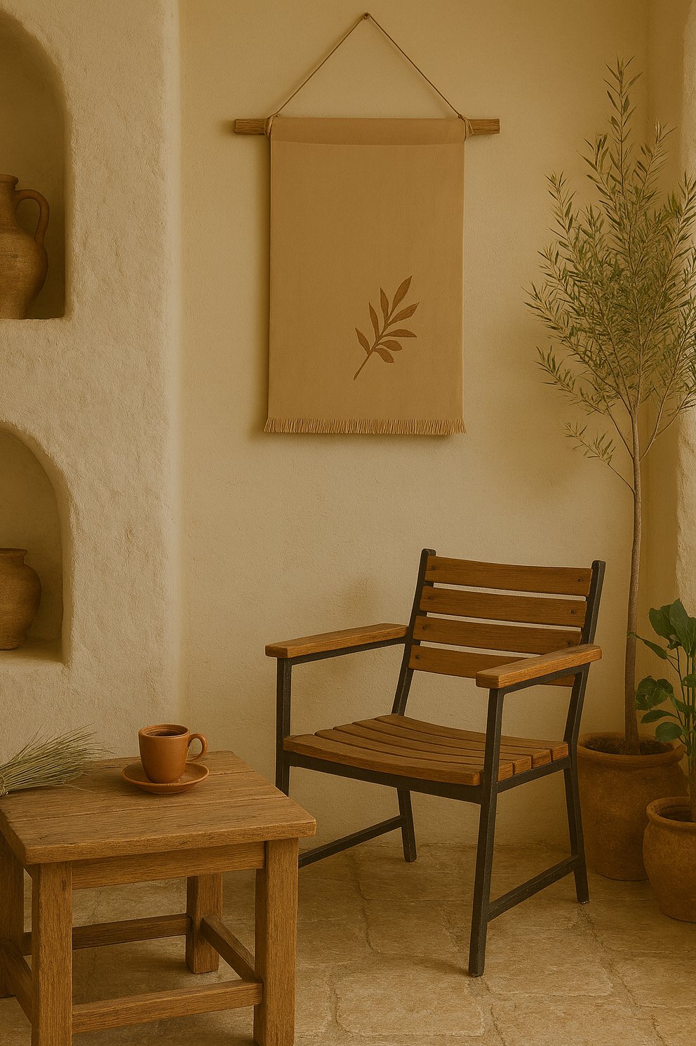 Olé & Co Mediterrane sfeer setting met houten stoel en tafel met kopje koffie. Aan d muur een sand kleur wandkleed met afbeedling erop van olijftak in de hoek een Klein olijfboompje, nis in de muur met tinajas