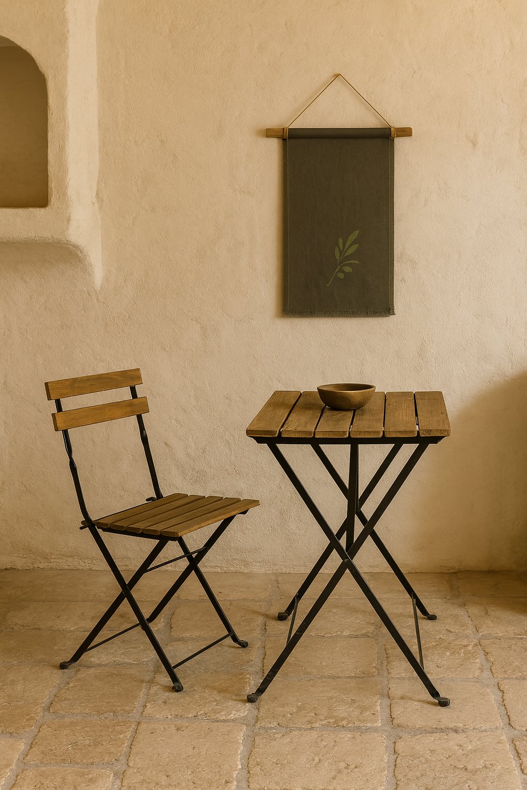 Olé & Co Linnen wandkleed aan stok tegen de muur hangend met daaronder een houten bankje met linnen kleed en tinaja