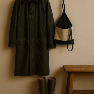 Olé & Co Landelijke entree met waxjas, regenlaarzen en bankje, pouch tweekleurig aan de muur