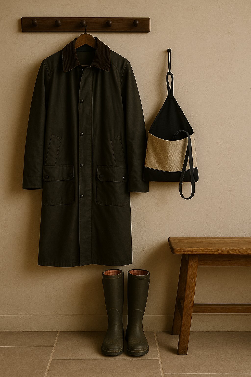 Olé & Co Landelijke entree met waxjas, regenlaarzen en bankje, pouch tweekleurig aan de muur