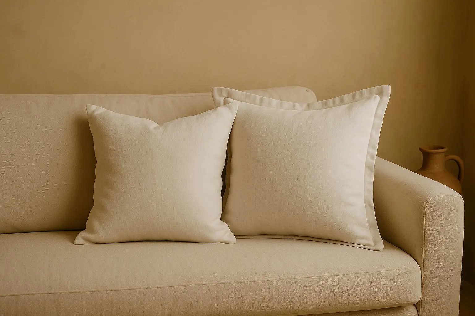 Naturel kussen hoezen in 2 verschillende uitvoeringen in de hoek van een sofa