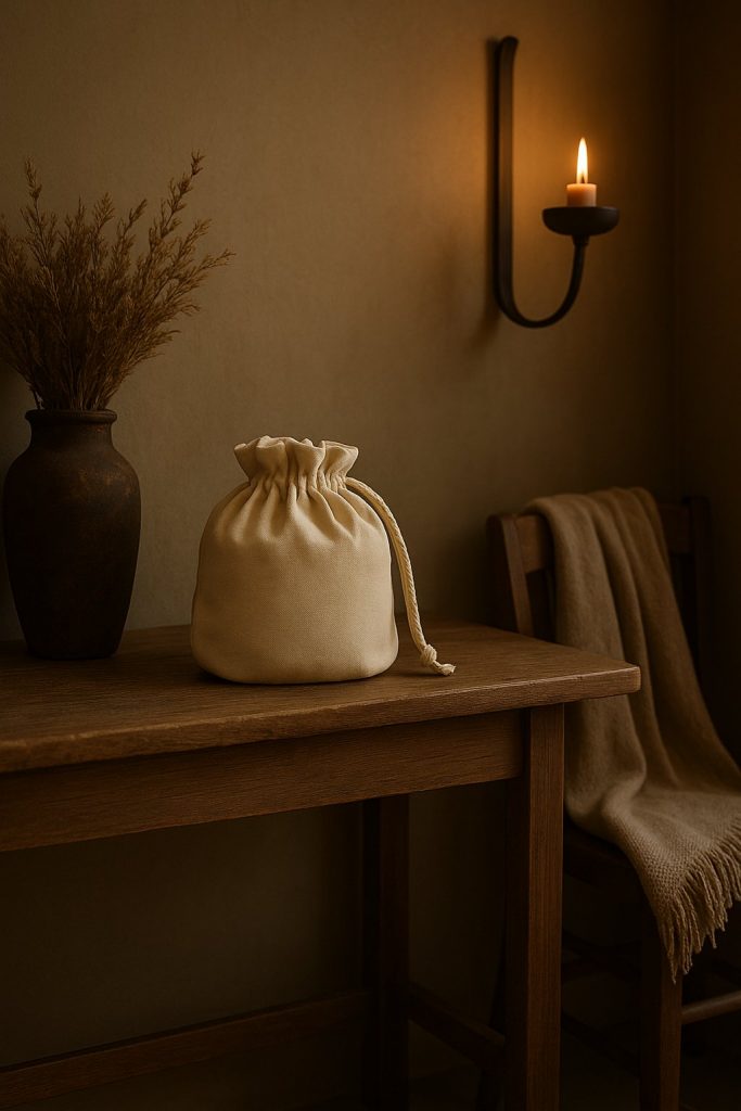 Linnen tasje op houten tafel met tinaja en stoel met linnen kleed gedrappeerd.