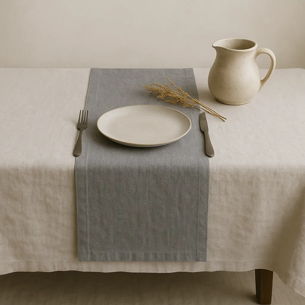 Olé & Co – Stone Linen tafelrunner van gewassen Europees linnen,Oekotex, subtiel gekreukt en elegant gedrapeerd over een rustieke eikenhouten tafel in natuurlijk daglicht.