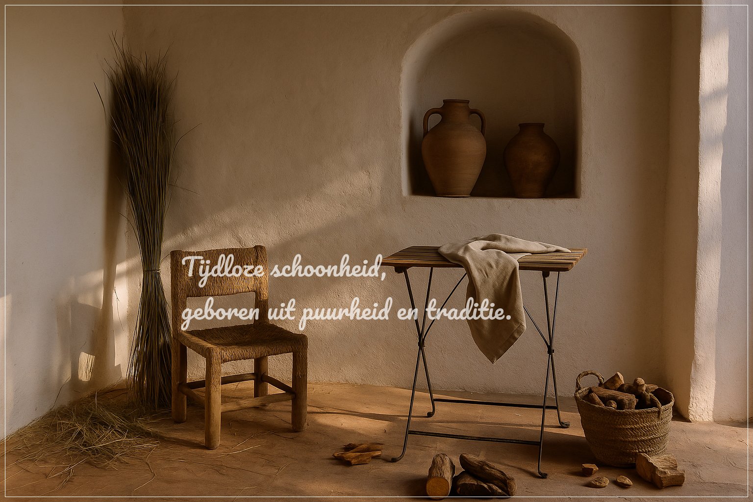 Linnen doek op houten latjes tafel met tinaja en stoel tegen oude Spaanse muur – mediterrane sfeer