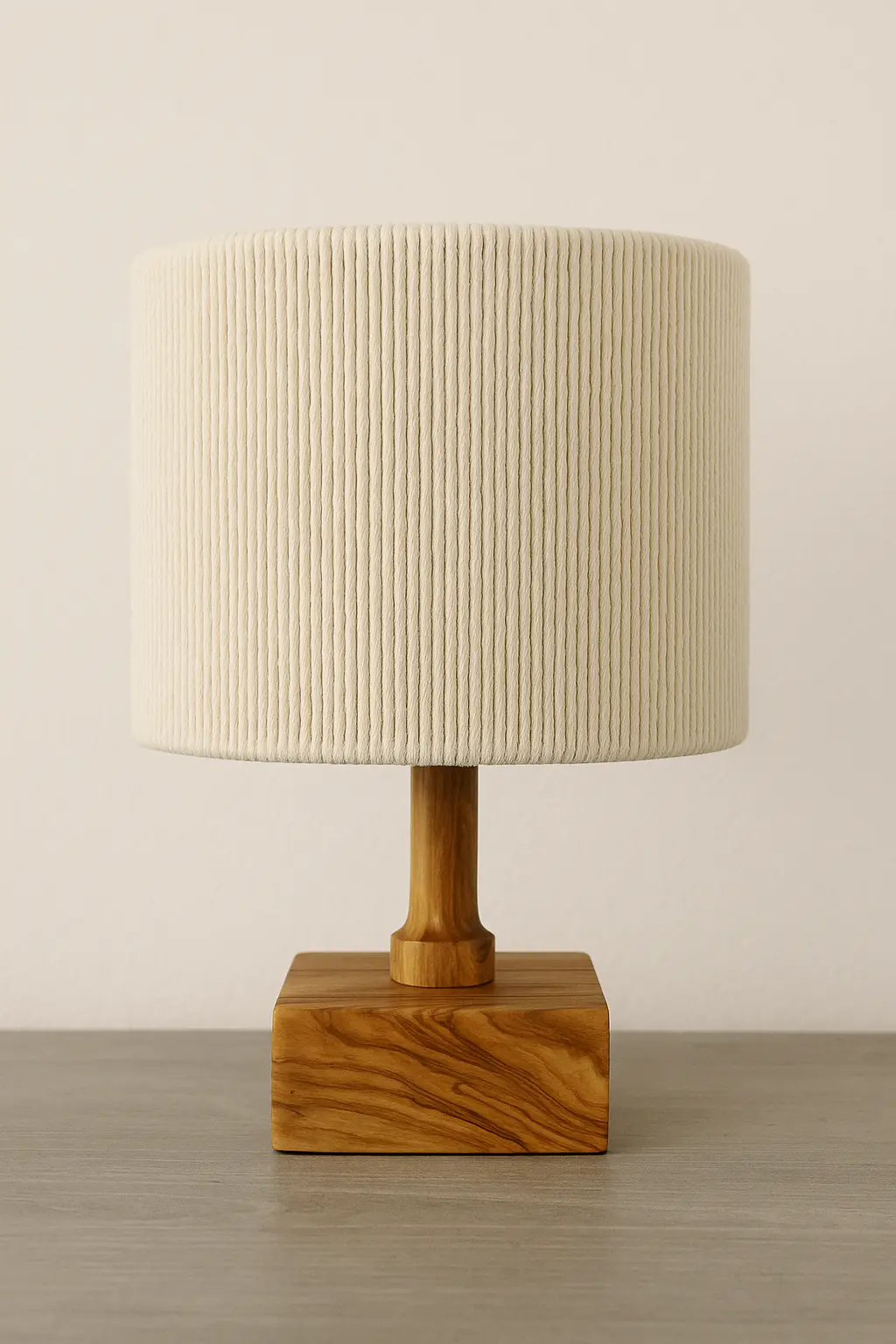 Katoenen lampenkap op olijfhoutenvoet, kleur kap is ecru