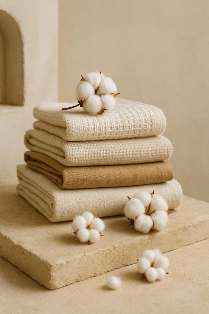 Olé & Co Stapel katoenen stoffen met katoenbolletjes als detail – puur natuurtextiel