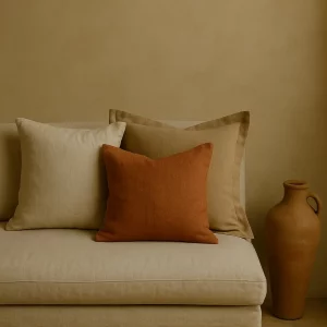 Olé & Co – Handgemaakte linnen kussens 40×40 cm in warme aardetinten, gestyled op rustieke linnen bank
