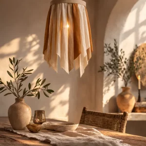 Olé & Co. Landelijke mediterraanse hanglamp van katoen, linnen en suede in neutrale kleuren, boven een houten tafel met vaas en olijftak