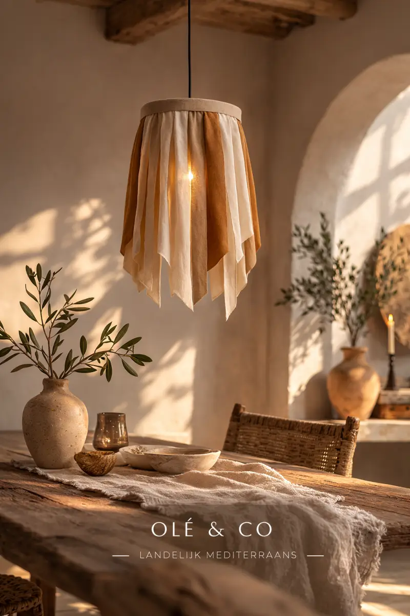 Olé & Co. Landelijke mediterraanse hanglamp van katoen, linnen en suede in neutrale kleuren, boven een houten tafel met vaas en olijftak