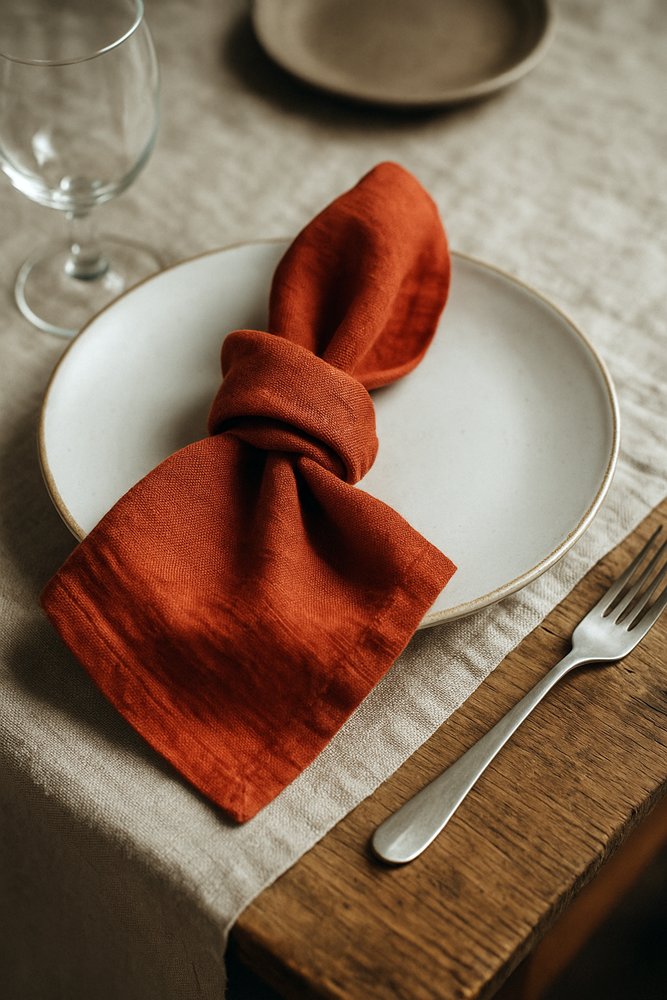Olé & Co Europees linnen servet op bord met bestek en glas op een linnen ondergrond op tafel
