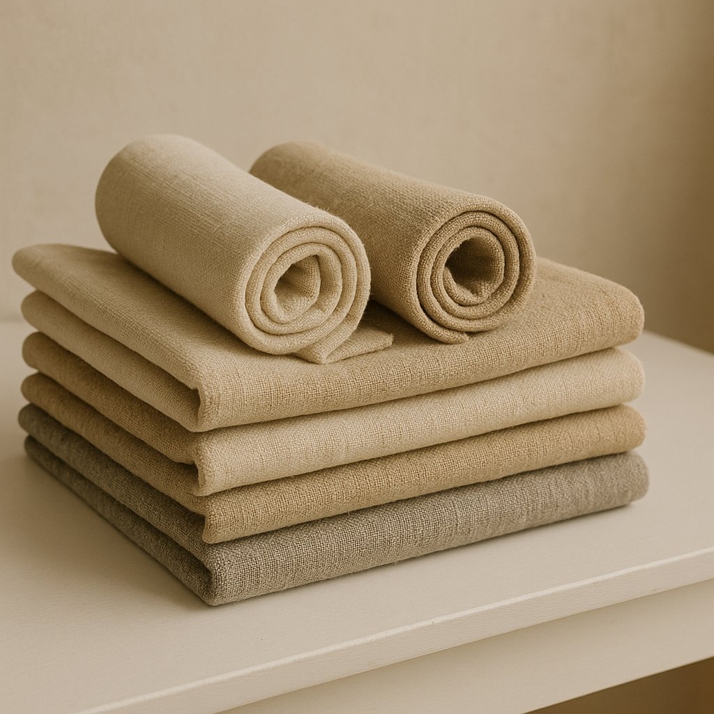 Olé & Co linnen collectie – stapel opgevouwen stonewashed linnen stoffen in natuurlijke tinten