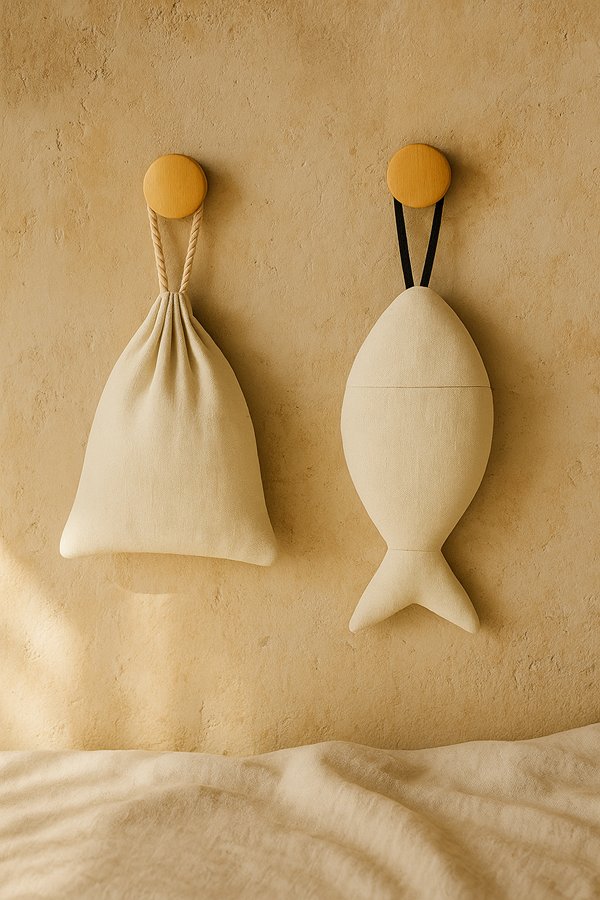 Linnen vis met pouch aan de muur van echt linnen