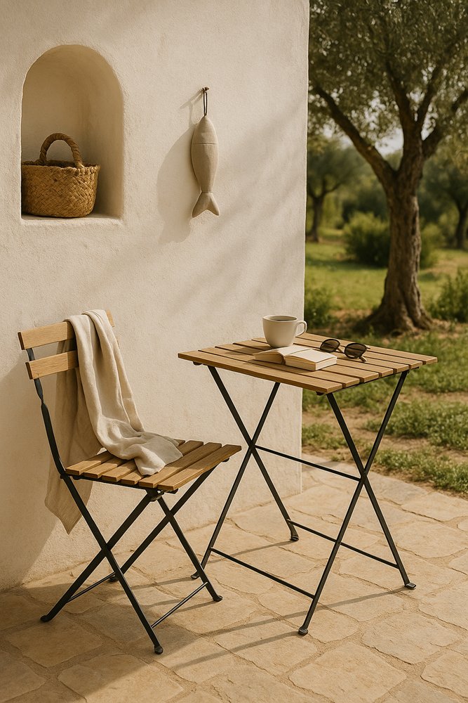 Olé & Co – Mediterrane terras­sfeer met linnen, esparto en olijfhout. Rustig buitenhoekje met tafel, stoel en koffie, handgemaakte details en zonlicht op witte muur.