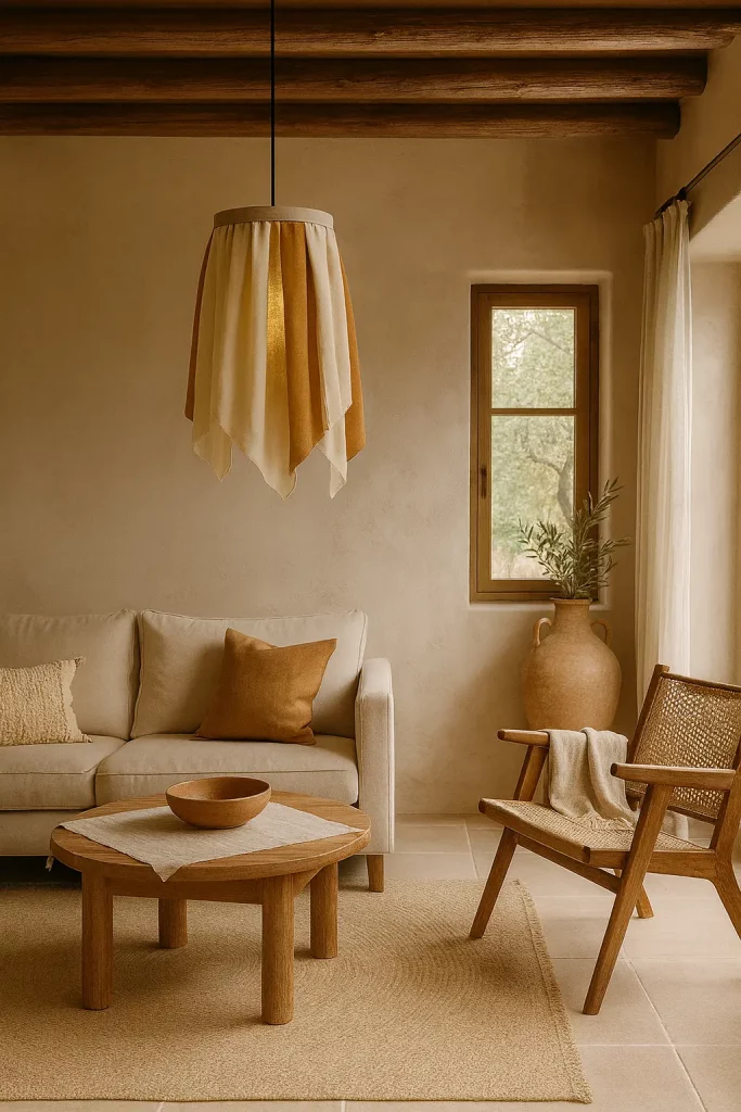 Hanglamp Brisa met brede en smalle stroken in zand- en natureltinten, handgemaakt door Olé & Co.