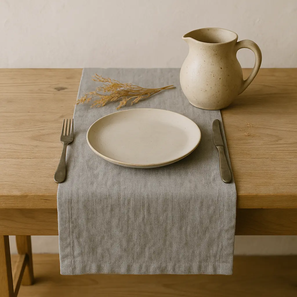 Olé & Co – Stone natuurlijk Linen table runner van gewassen Europees linnen, lichtgrijs van kleur met natuurlijke plooien op een houten tafel in zacht daglicht.