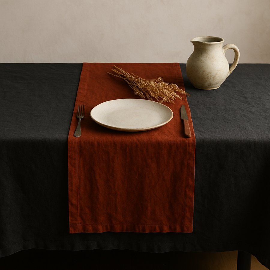 Olé&Co Europees linnen tafelrunner in de kleur terracota rust en charcoal gray tafelaken met bord en droogboeket in mediterrane sfeer