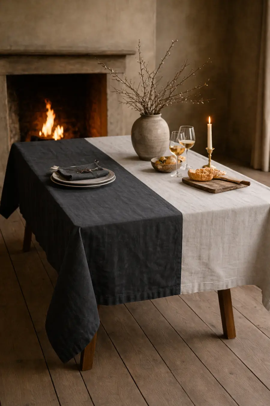 Olé & Co. Linnen tafelkleed in duotone charcoal gray en naturel