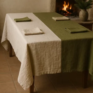 Olé & Co. Europees puur linnen tafellaken in duotoon olive en naturel Real Euroean Linen™