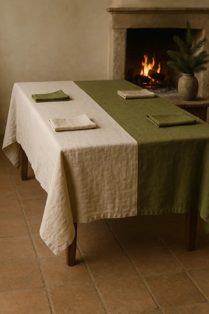 Olé & Co. Europees puur linnen tafellaken in duotoon olive en naturel Real Euroean Linen™
