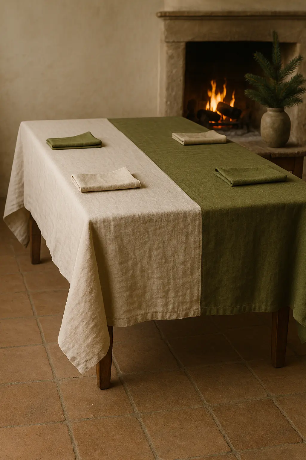 Olé & Co. Europees puur linnen tafellaken in duotoon olive en naturel Real Euroean Linen™