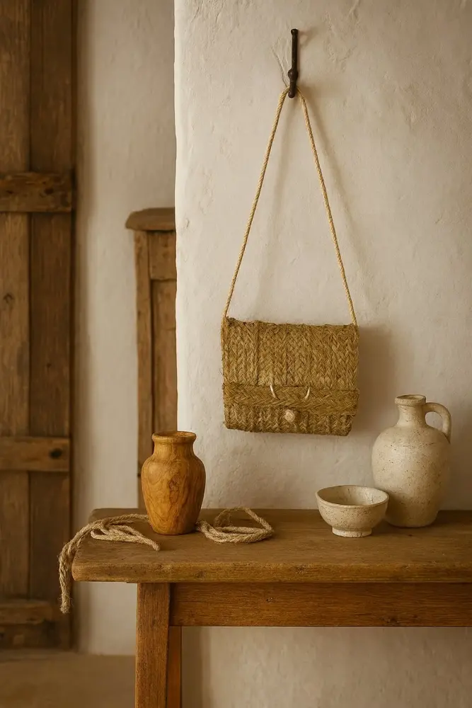 Olé & Co. esparto tasje met houten tafel en aardewerk setting als ai sfeerfoto