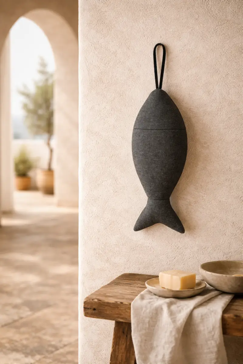 Charcoal grey linnen visje van gestoomd Europees linnen met zichtbare platbinding, hangend aan kalkkleurige muur in landelijke mediterrane setting met zacht natuurlijk licht.