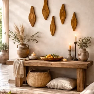 Olé & Co. Landelijke mediterraanse sfeer foto met 5 olijfhouten organische bladeren boven een houten bankje